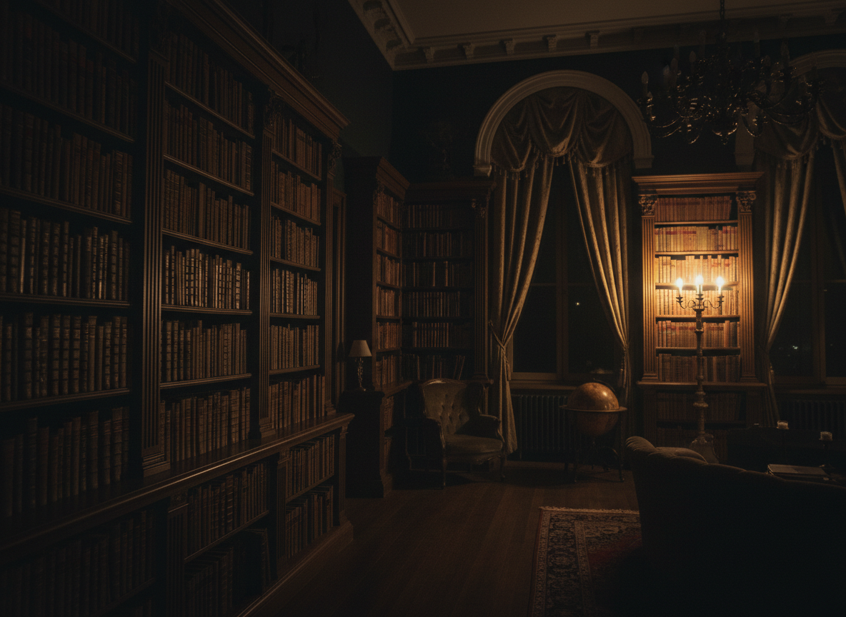 Biblioteca vintage in penombra con luce ambrata sui libri, atmosfera cinematografica